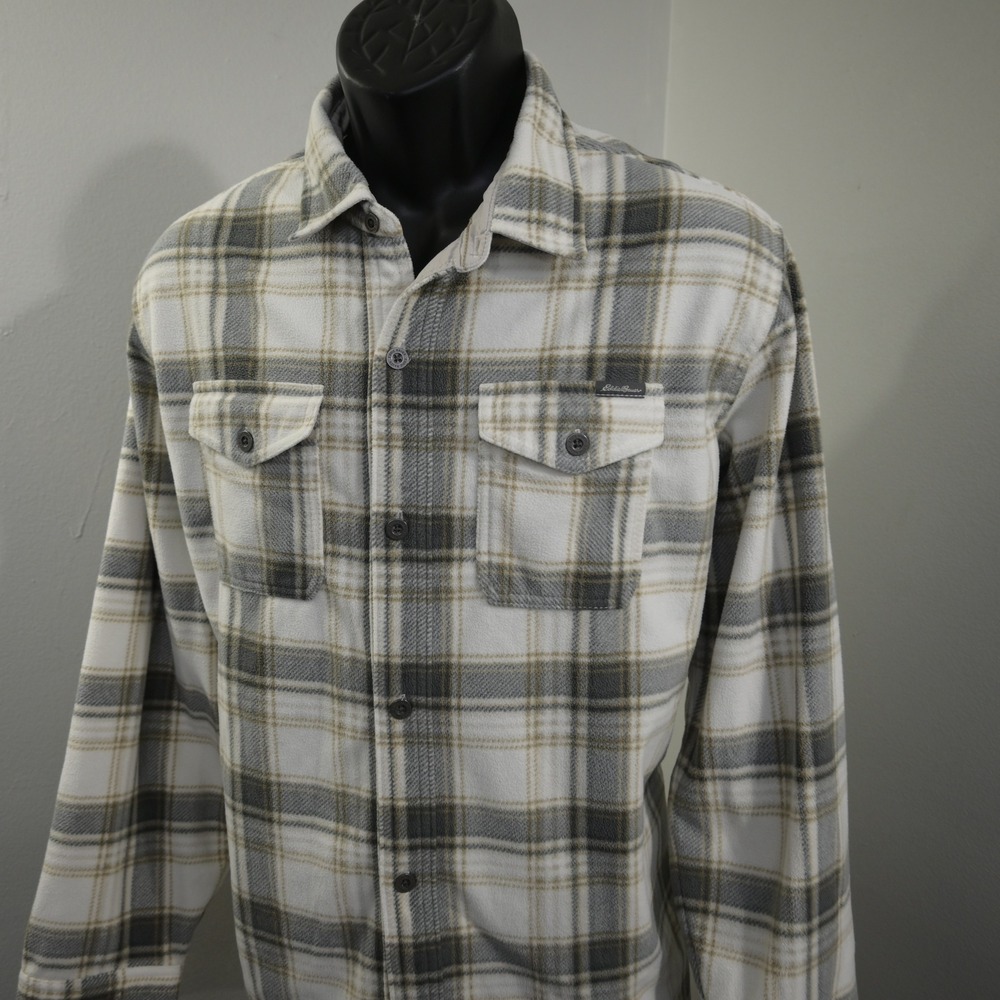 Eddie Bauer Fleece Button Up Mens L Gray Plaid Flannel Style Long Sleeve